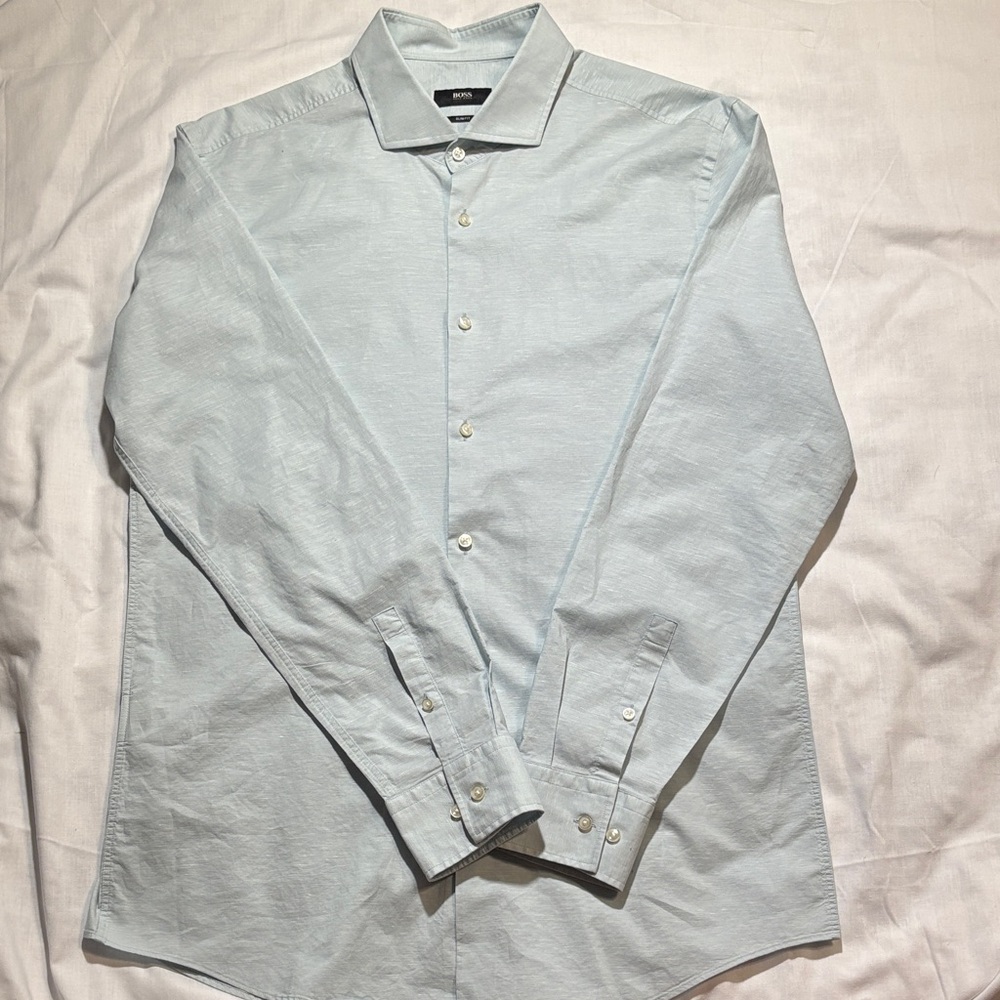 Hugo Boss Light Blue Cotton Men's Shirt Size 17.5 EUC